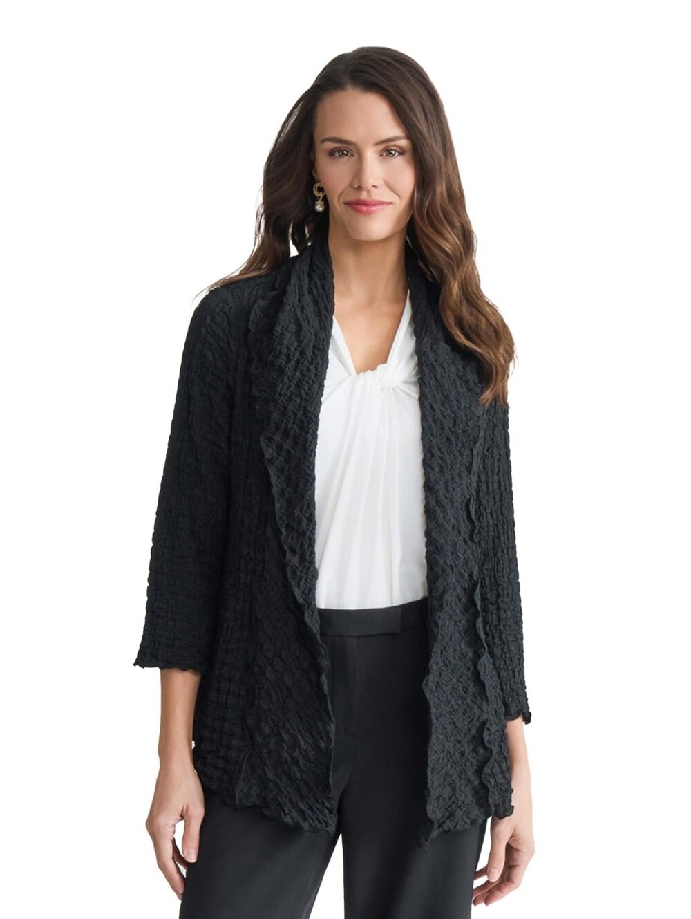 Kasper Black Textured Lightweight Pucker Knit Open-Front Cardigan Jacket, M